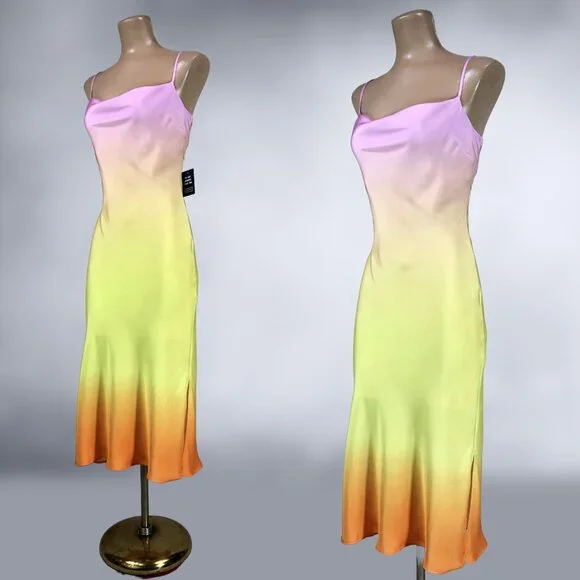 Express 2021 Rainbow Ombre Satin Bias Slip Dress NWT - Picture 5 of 10